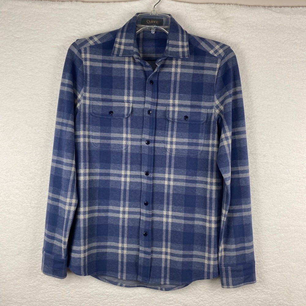 Quince Men's Small Blue White Plaid Knit Button Down Shirt GCGL01 Long Sleeve